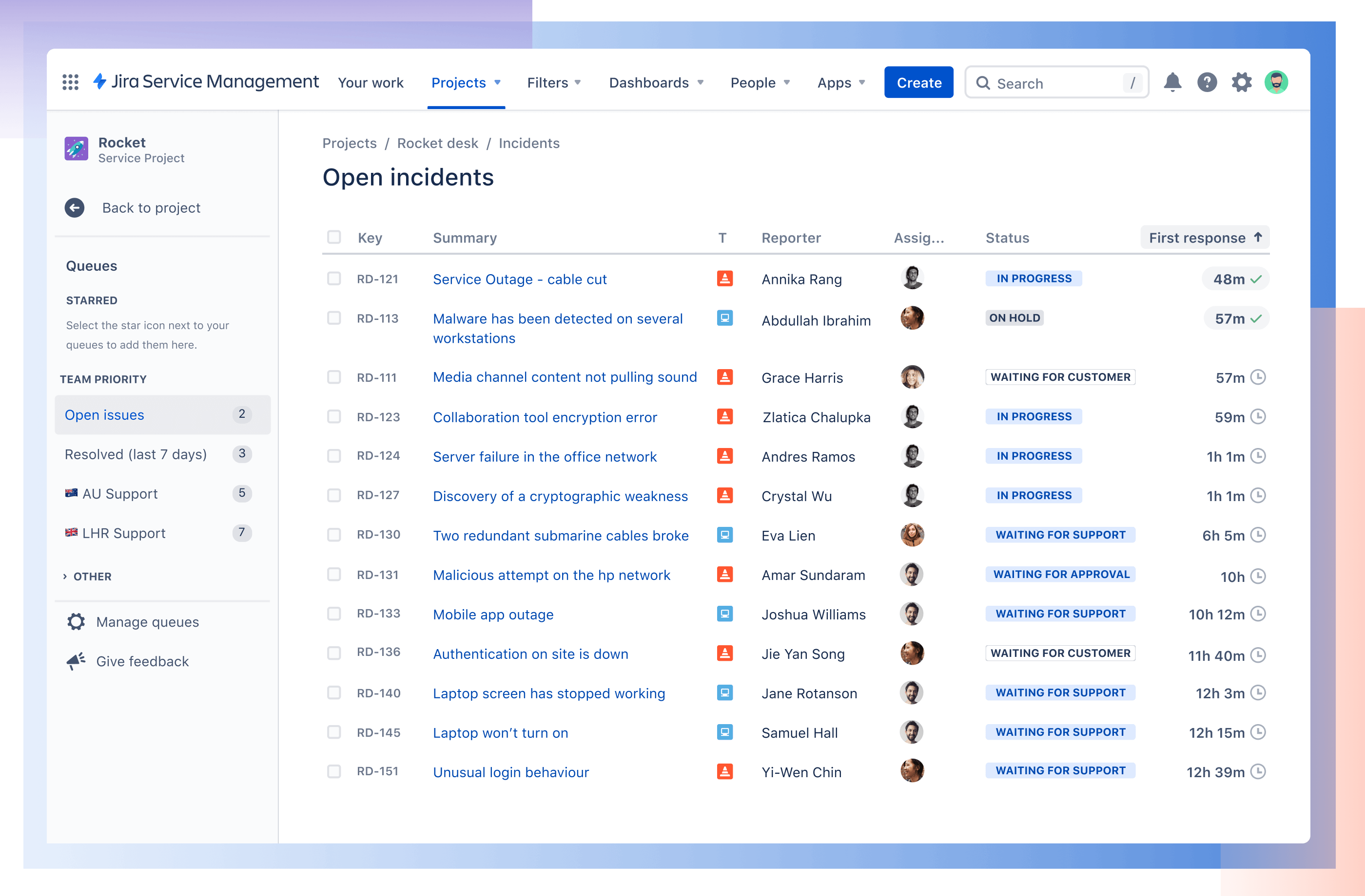 Vue des incidents ouverts avec des tickets liés depuis Jira dans Jira Service Management