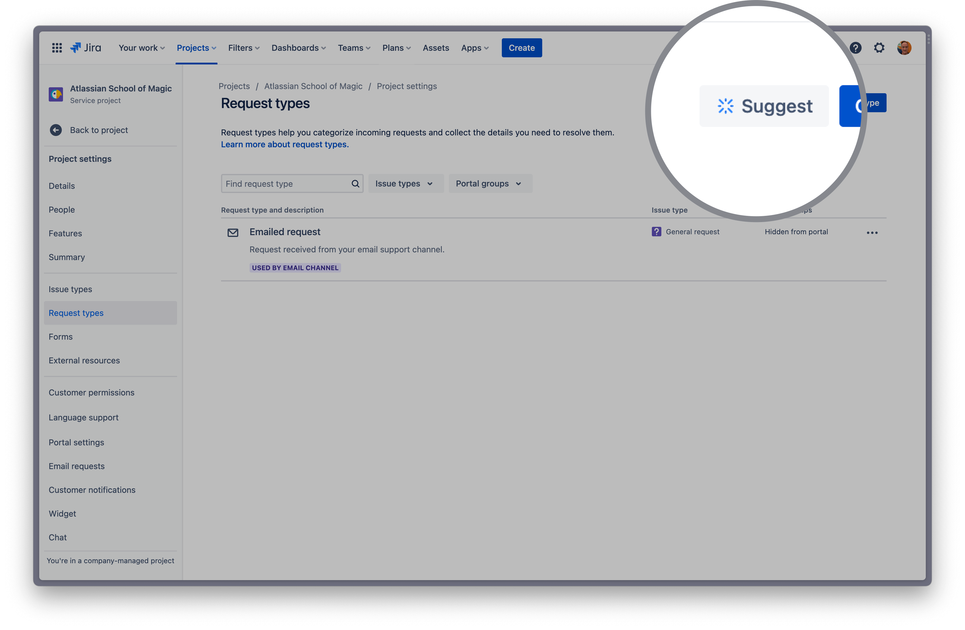 Selección del botón "Suggest" (Sugerir) en la esquina superior derecha de una página de tipos de solicitud en Jira Service Management