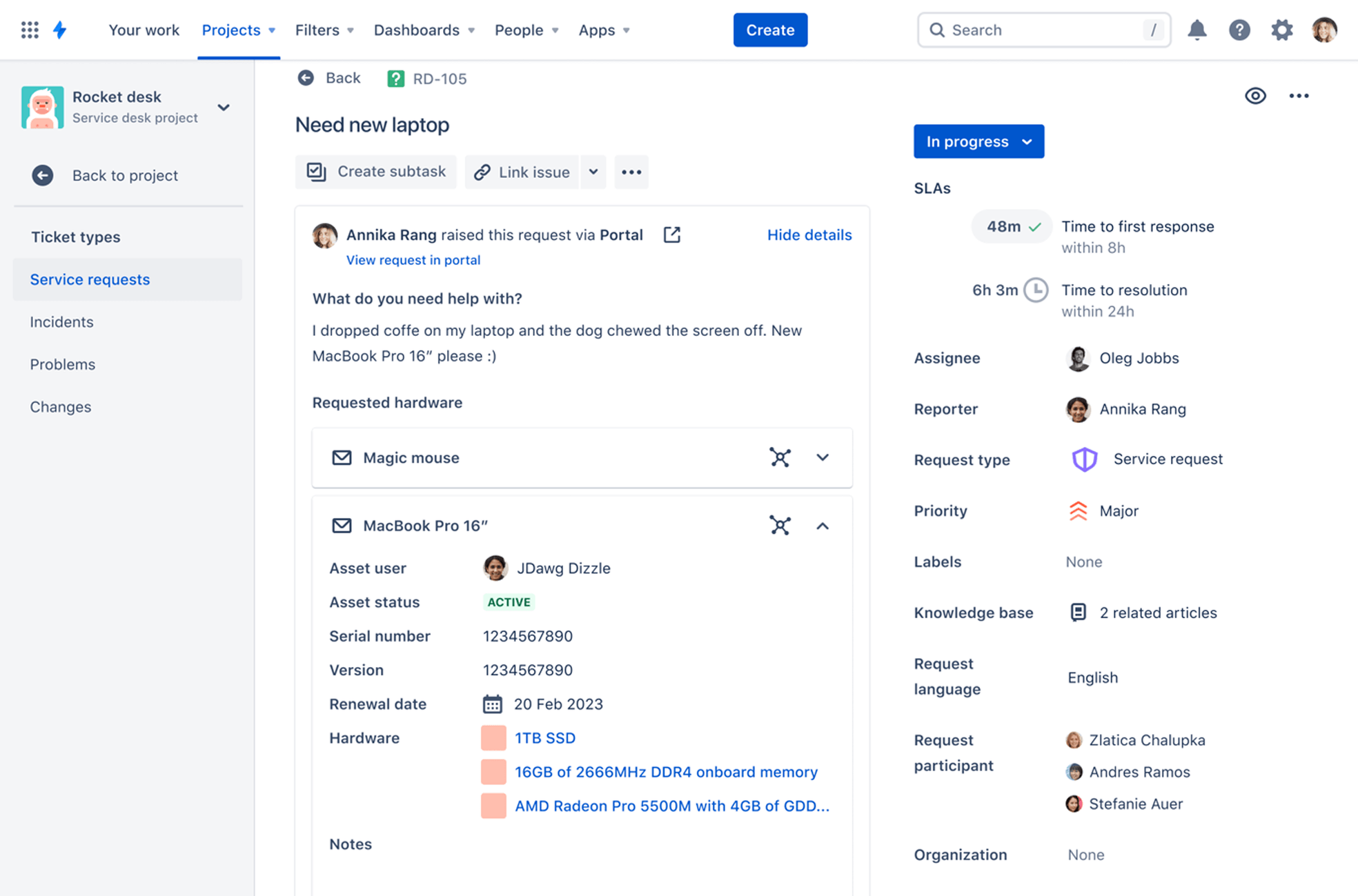 Suivre les actifs d'une demande dans Jira Service Management