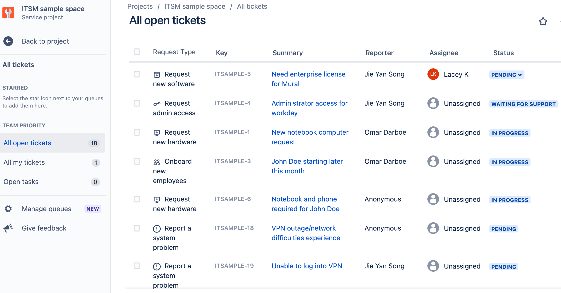 Captura de pantalla de ejemplo de colas en Jira Service Management