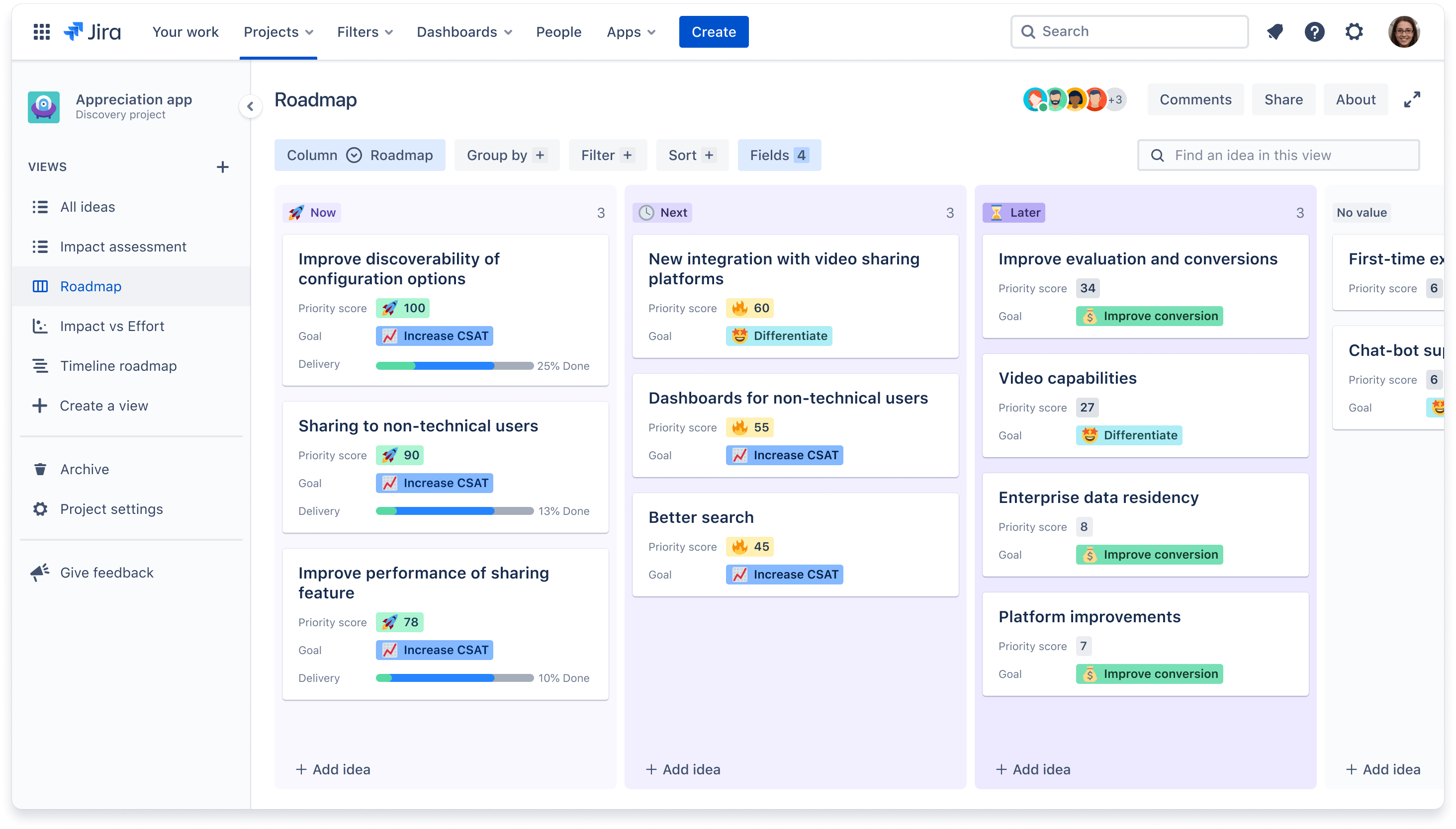 Roadmap di prodotto in Jira che mostra le categorie Now (Ora), Next (In seguito) e Later (Successivamente) per le idee.