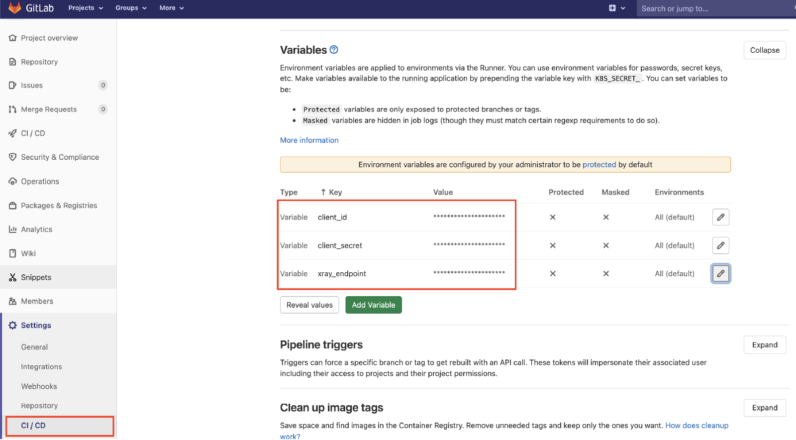Variables GitLab définies