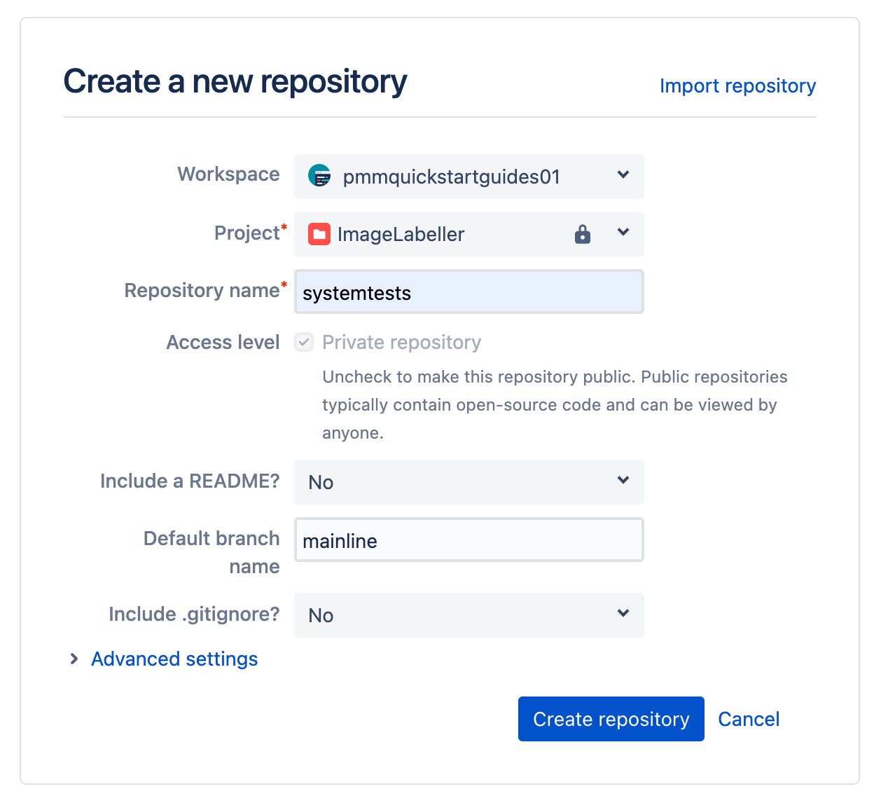 在 Bitbucket 中创建新存储库时输入信息