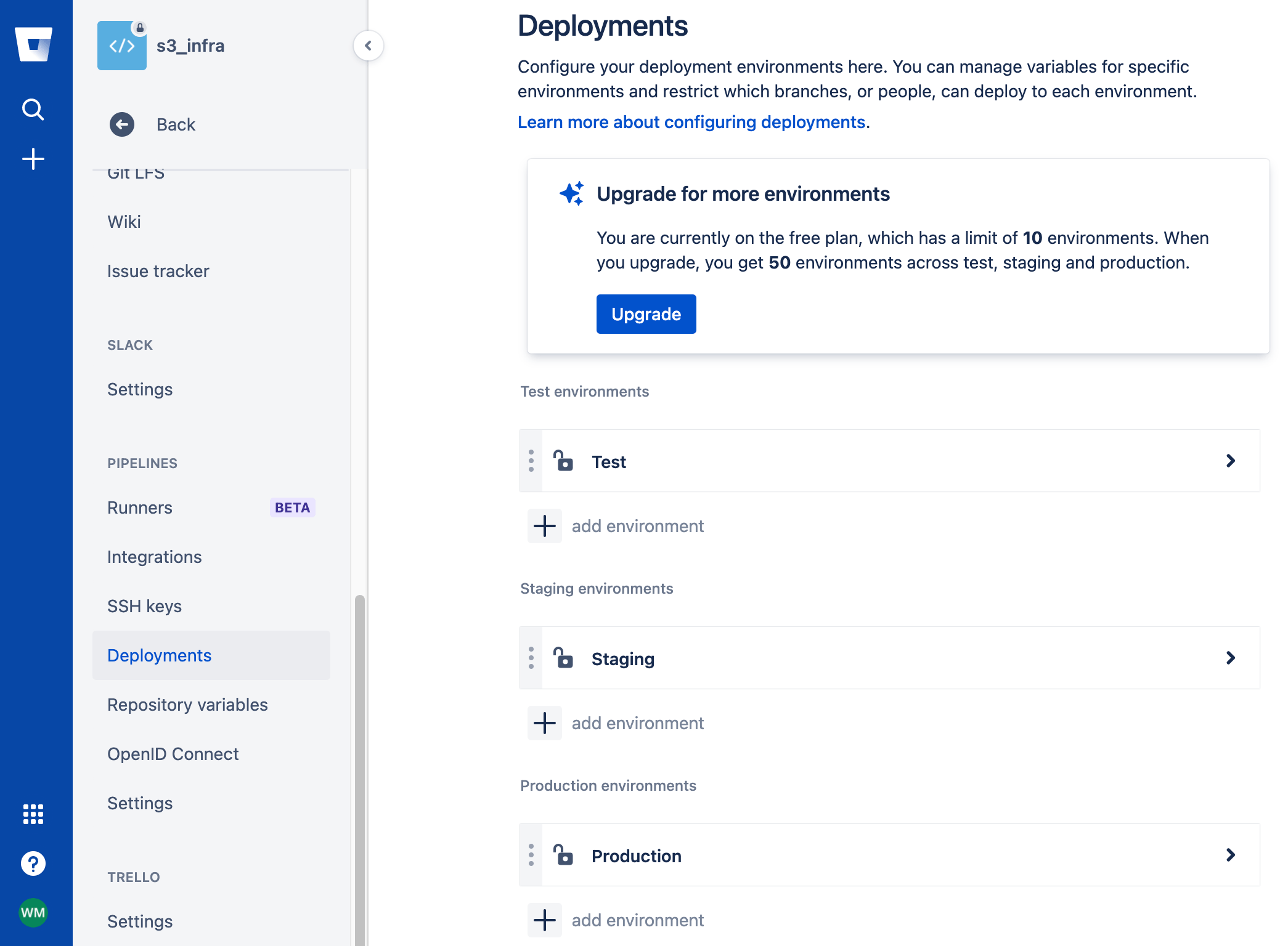 Bitbucket のデプロイ設定画面