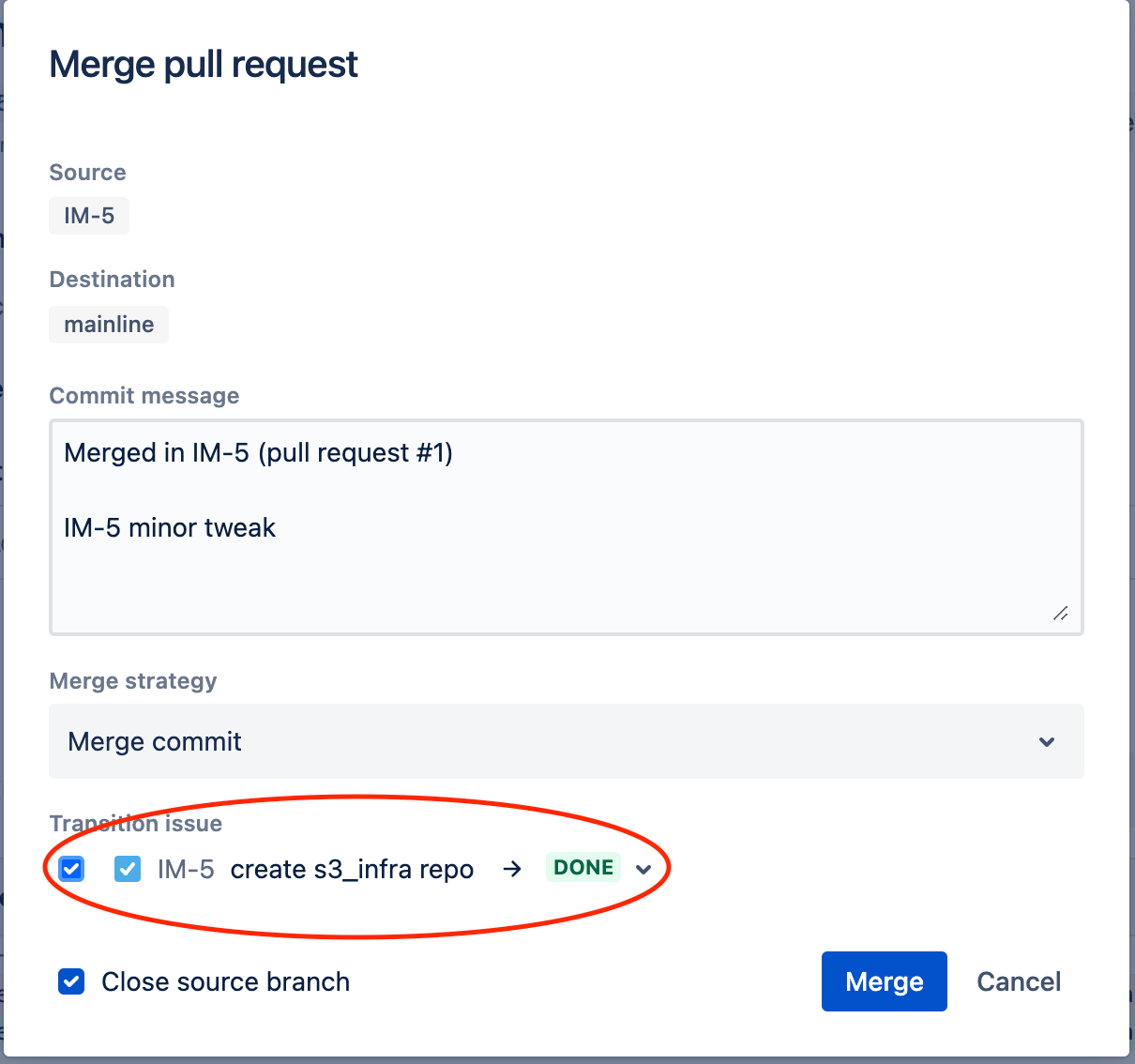 在 Bitbucket 中合并拉取请求时勾选“转换事务”复选框