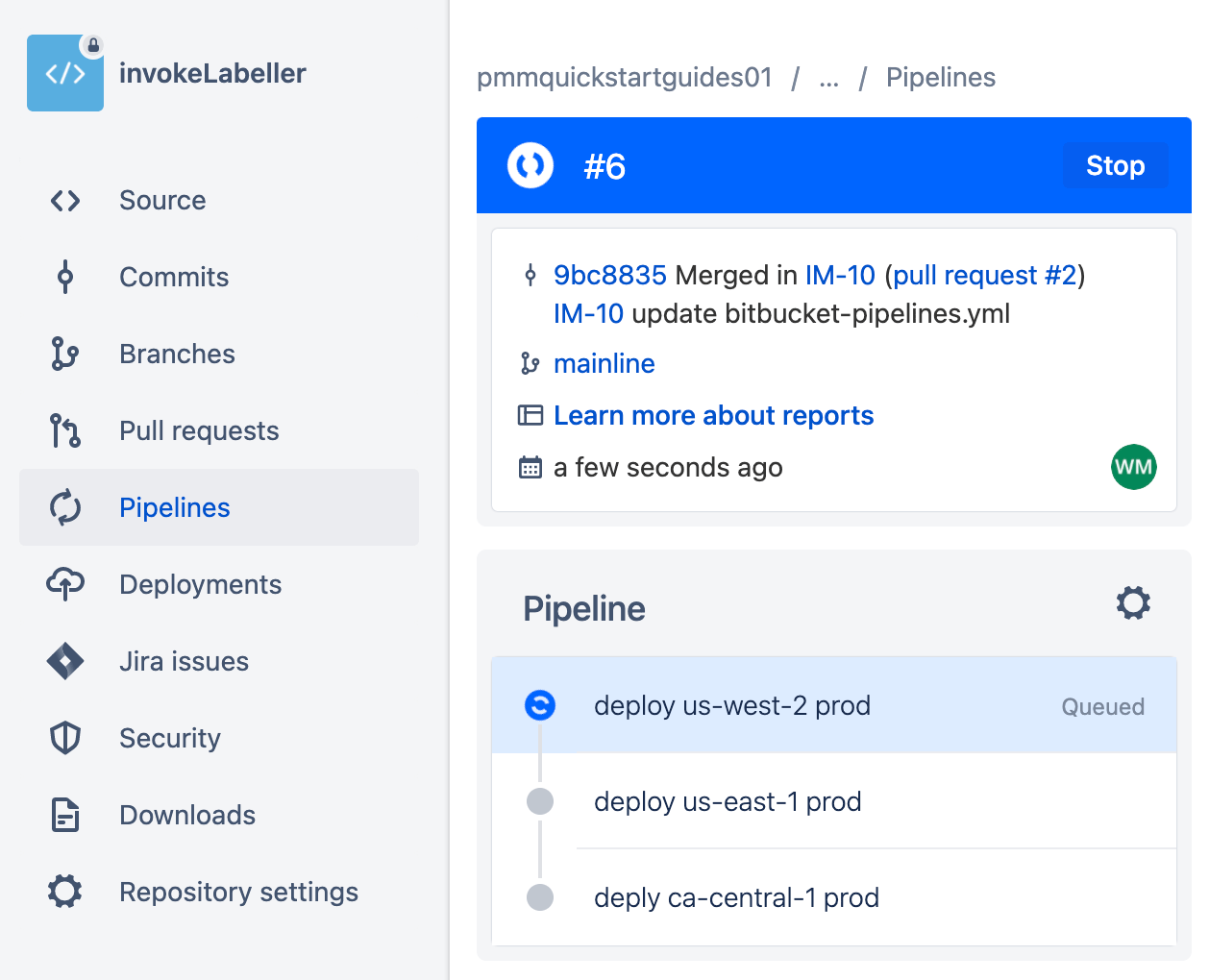 在 Bitbucket pipelines 中查看生产部署