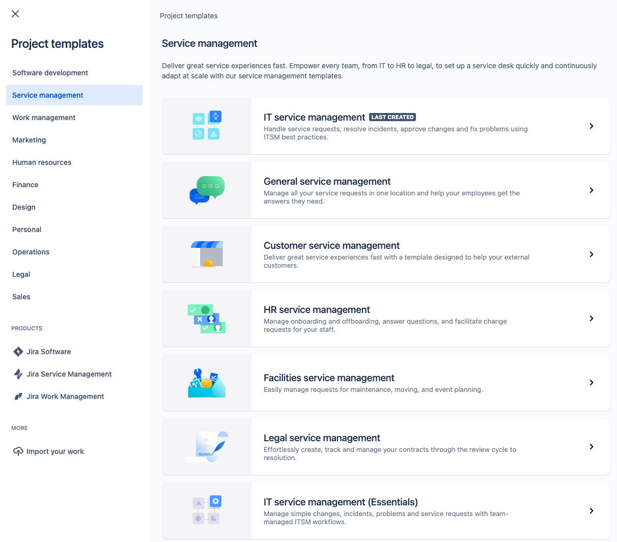 Modelos de projeto de gerenciamento de serviços do Jira