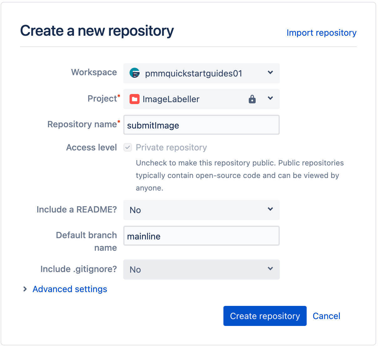 在 Bitbucket 中创建新存储库时的弹出模式