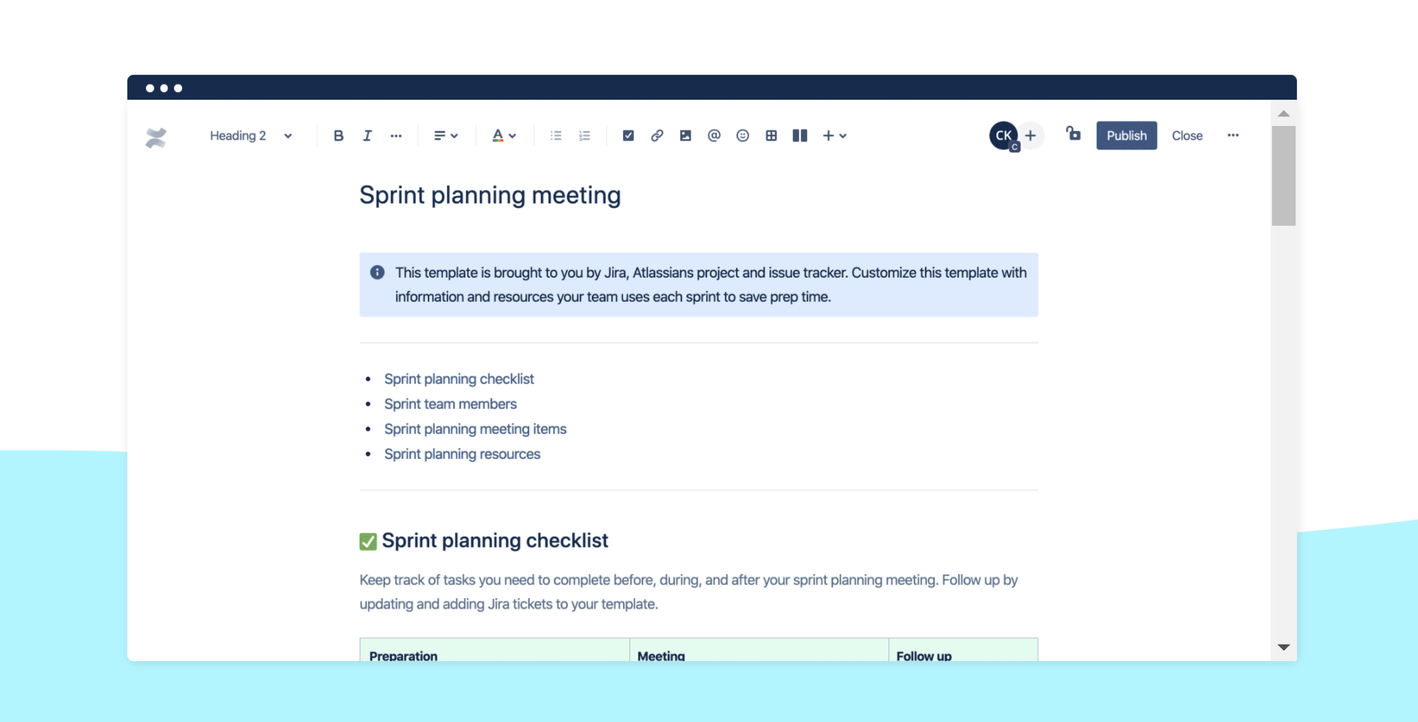 Screenshot della pianificazione dello sprint in Confluence