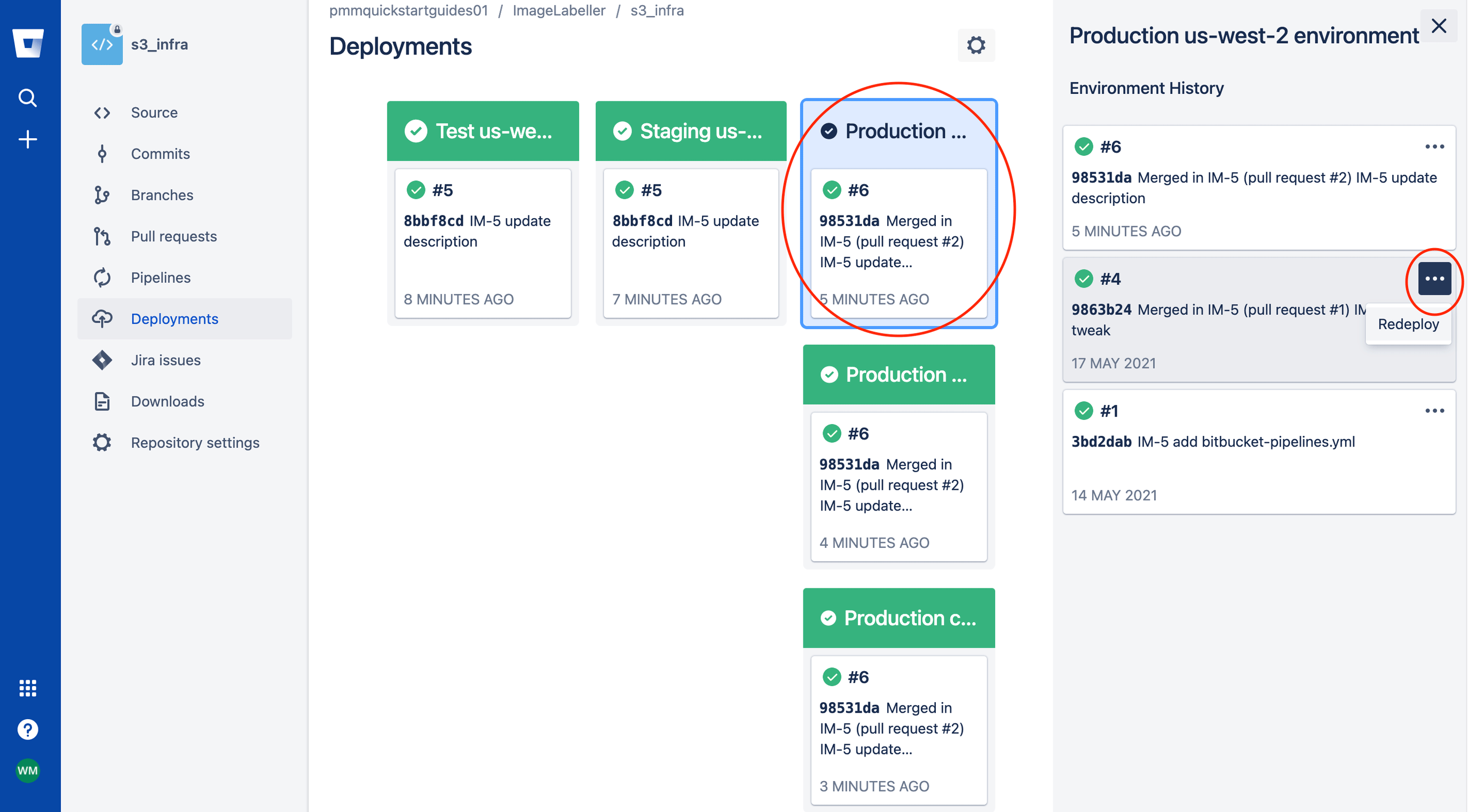 環境を選択したら、Bitbucket でロールバックするバージョンを選択する