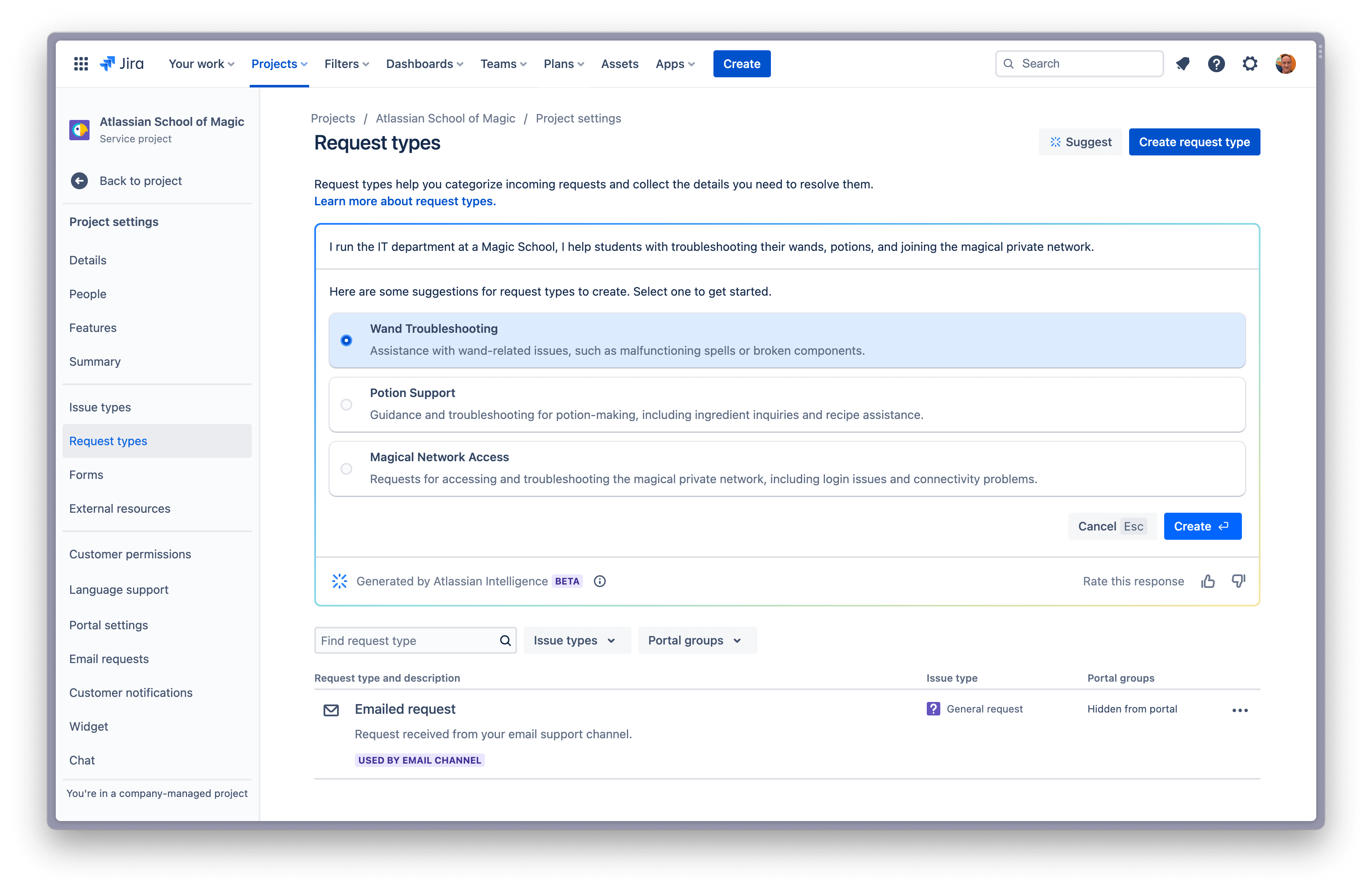 Selección de una lista generada por Atlassian Intelligence con tres tipos de solicitudes que pueden crearse