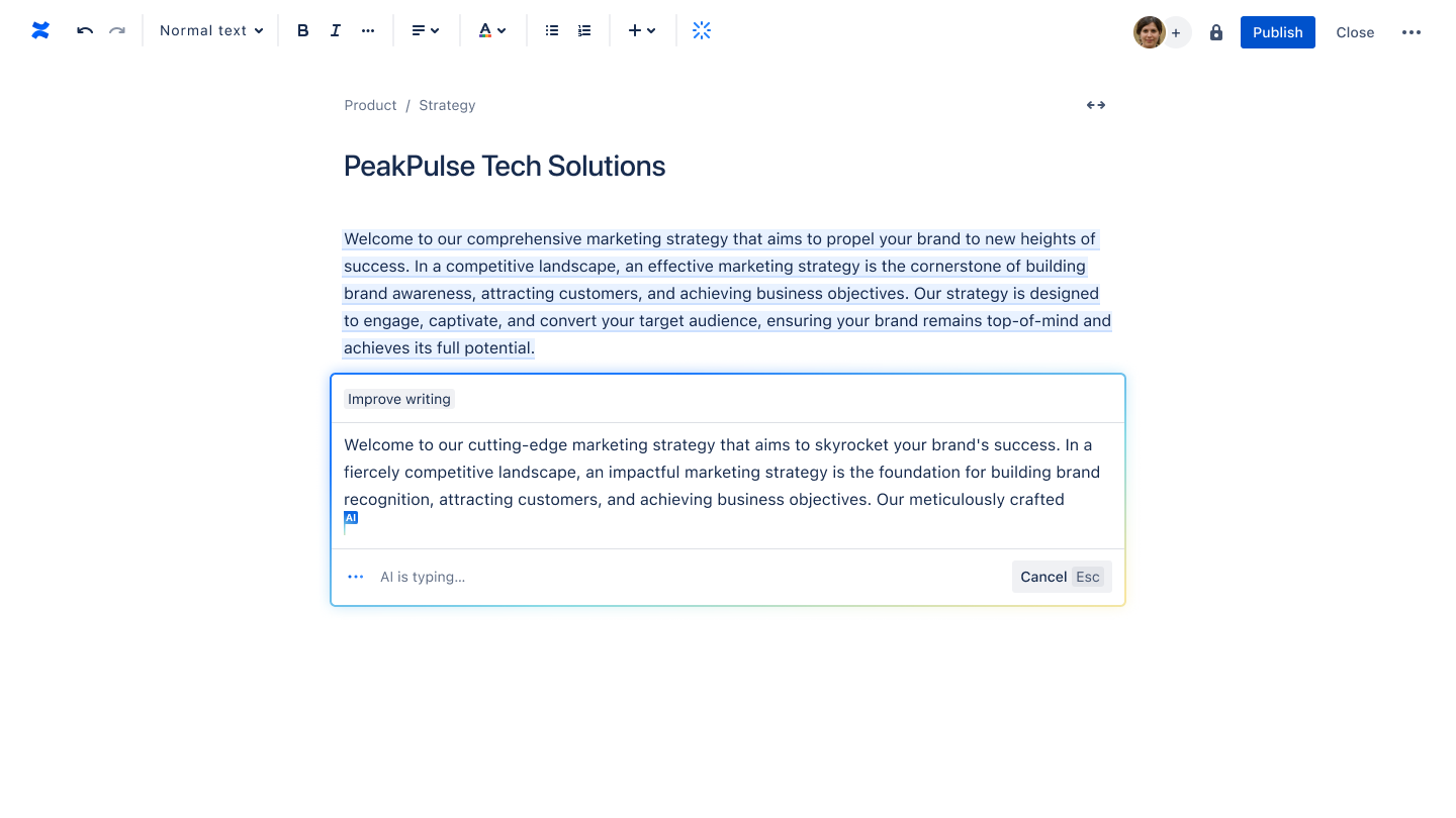 Experiência de edição do Atlassian AI no Confluence