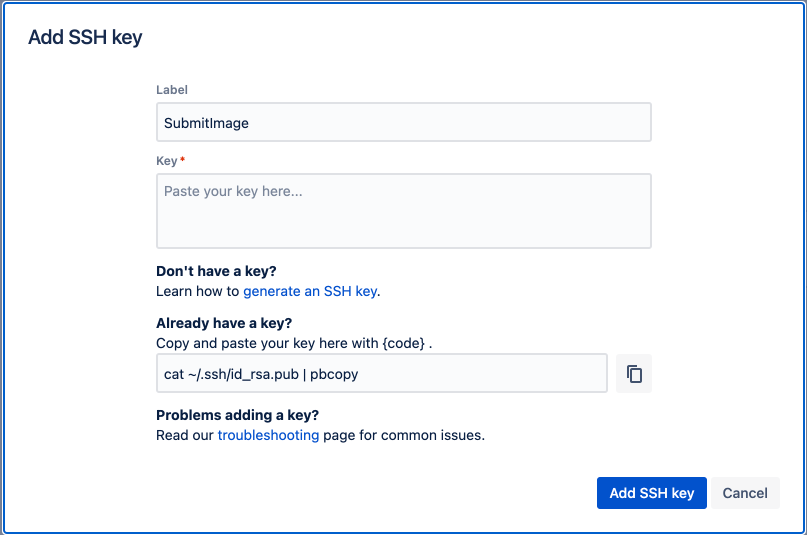 Bitbucket での SSH キーの追加