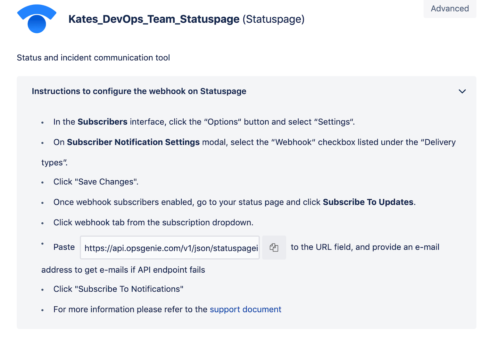 Instructies voor een webhook configureren in Statuspage