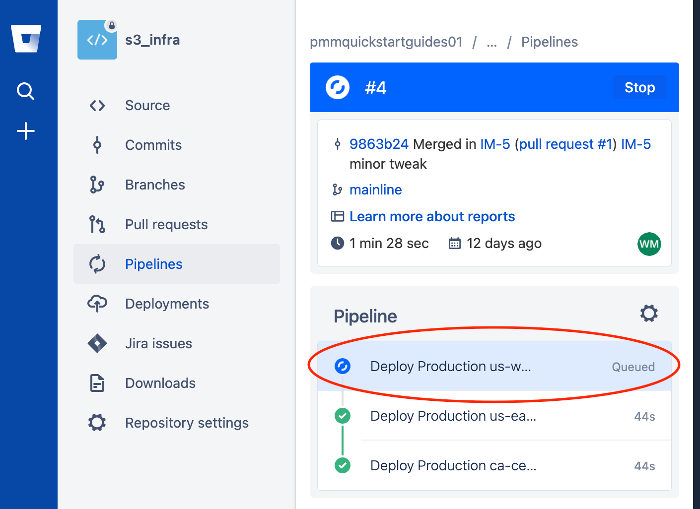 Bitbucket 中仅显示所选的正在重新部署的环境的管道模式