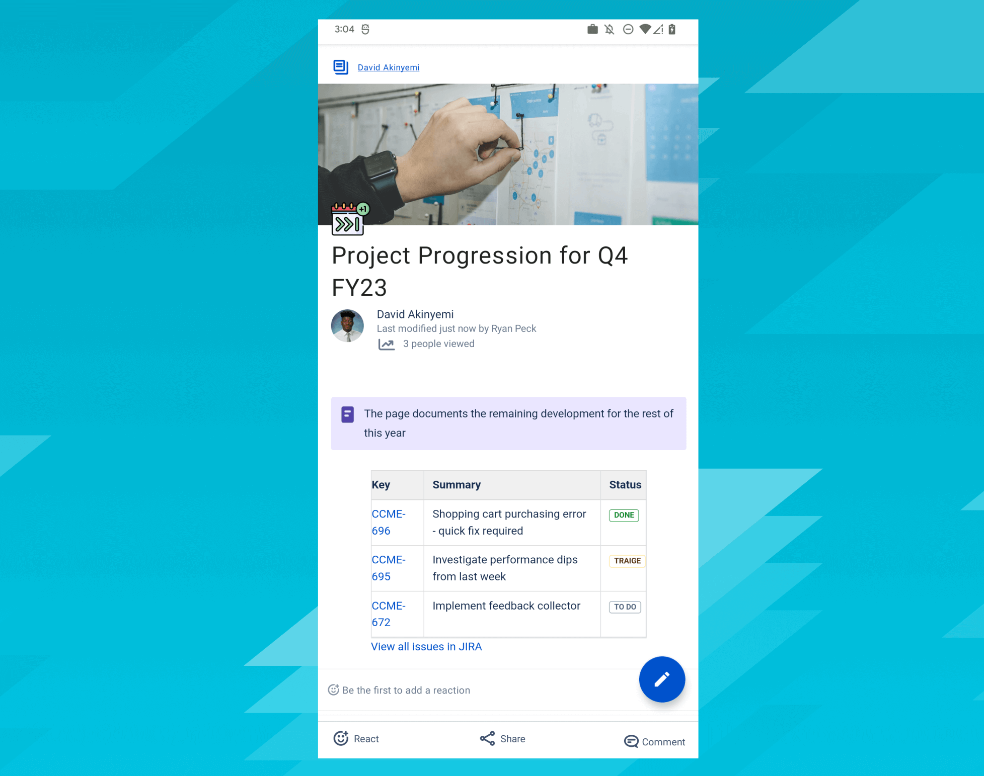 screenshot della visualizzazione da dispositivo mobile per confluence