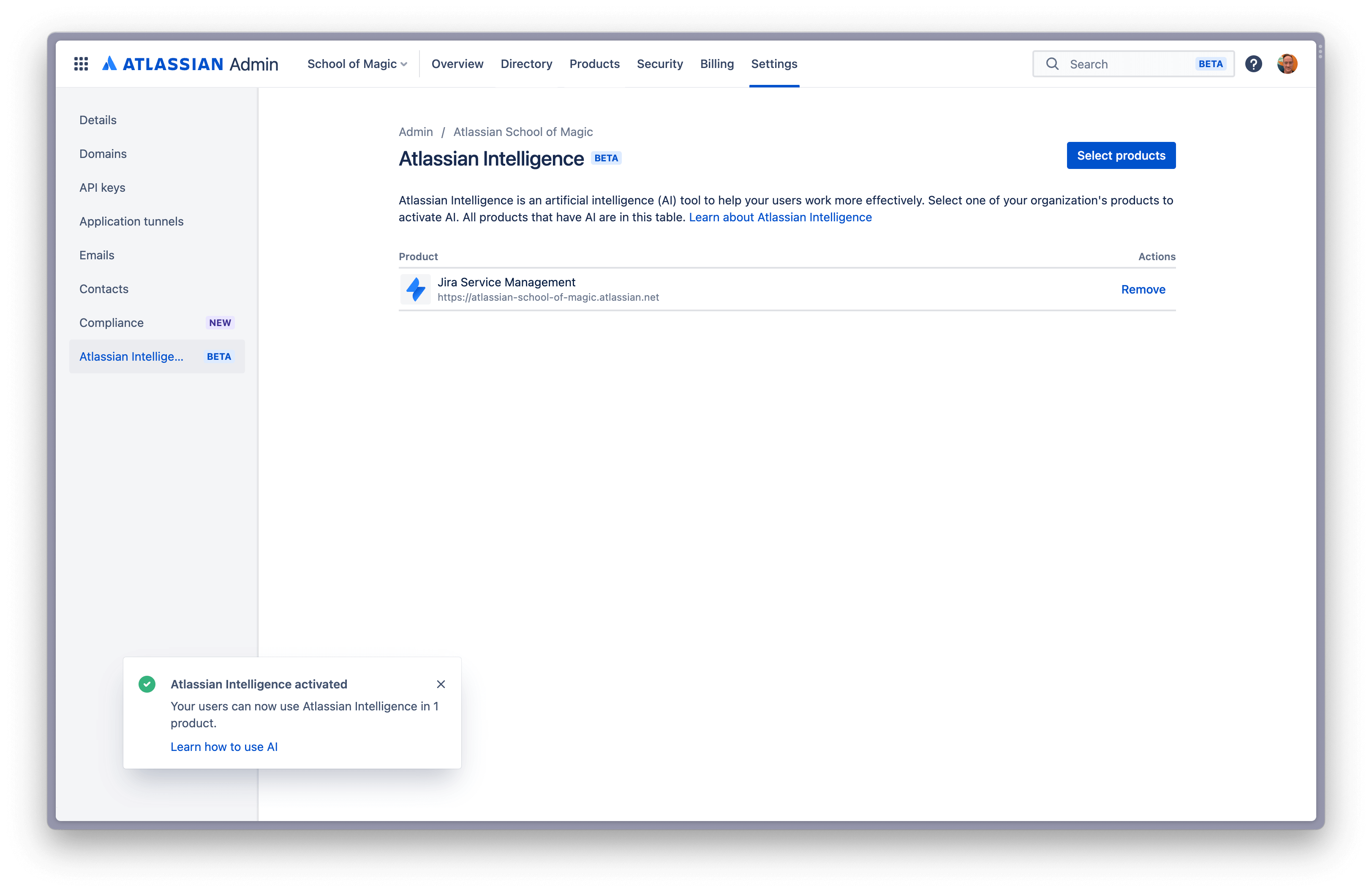 Productos para los que se ha activado Atlassian Intelligence que se muestran en Admin Hub