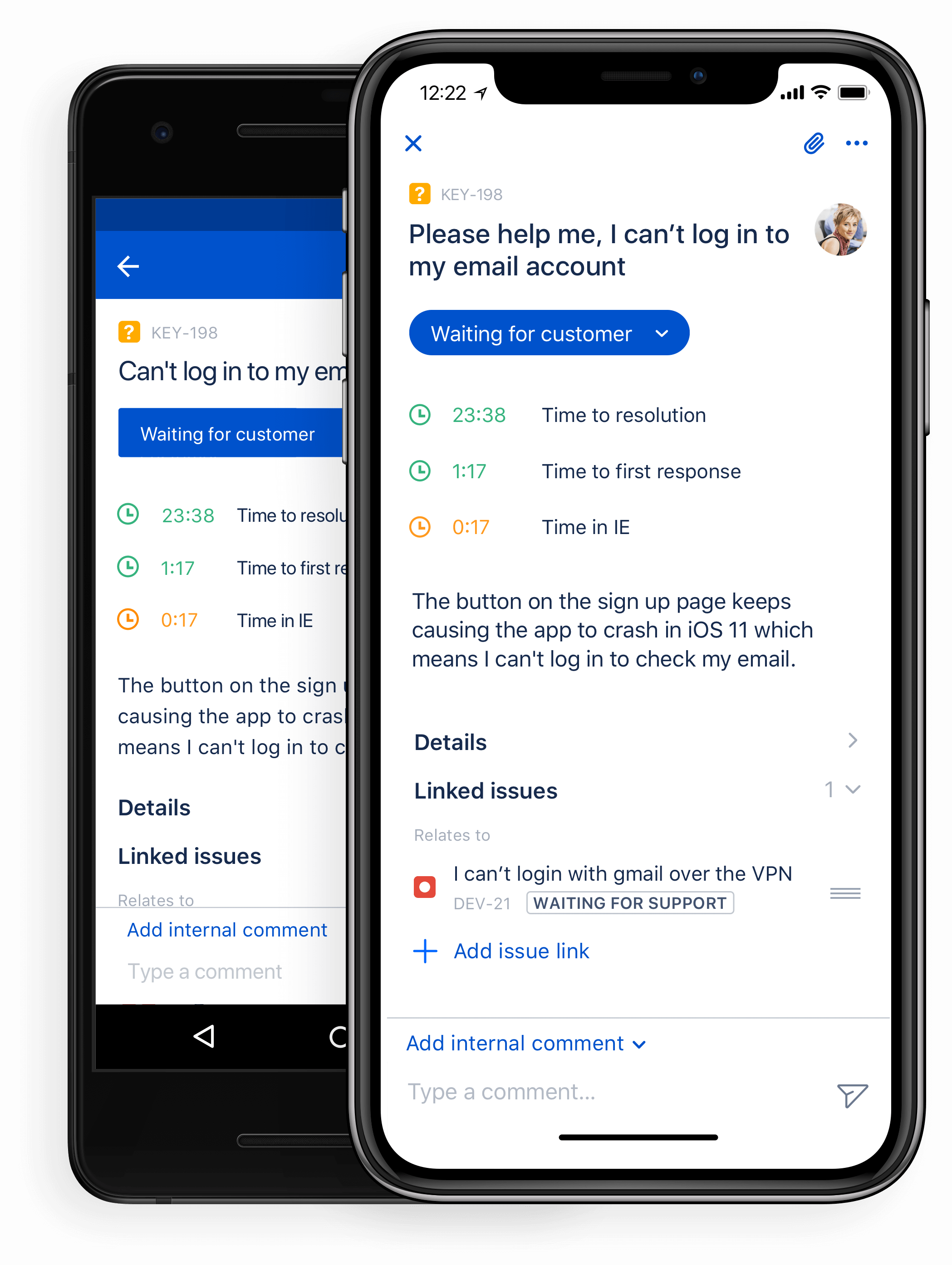 Captura de pantalla de la aplicación móvil de Jira Service Management en Android y iPhone
