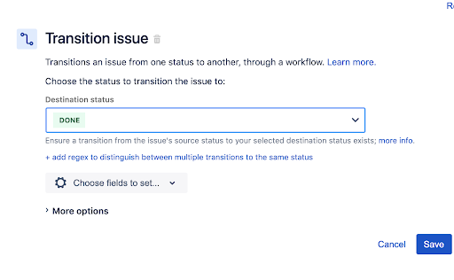 Étape 3 de la règle d'automatisation Jira pour changer l'état des tickets : ajoutez une action <strong>Transition issue</strong> (Changer l'état du ticket).
