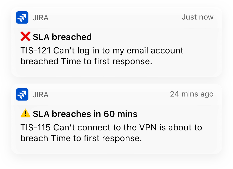 Notificaciones de la aplicación móvil de Jira Service Desk