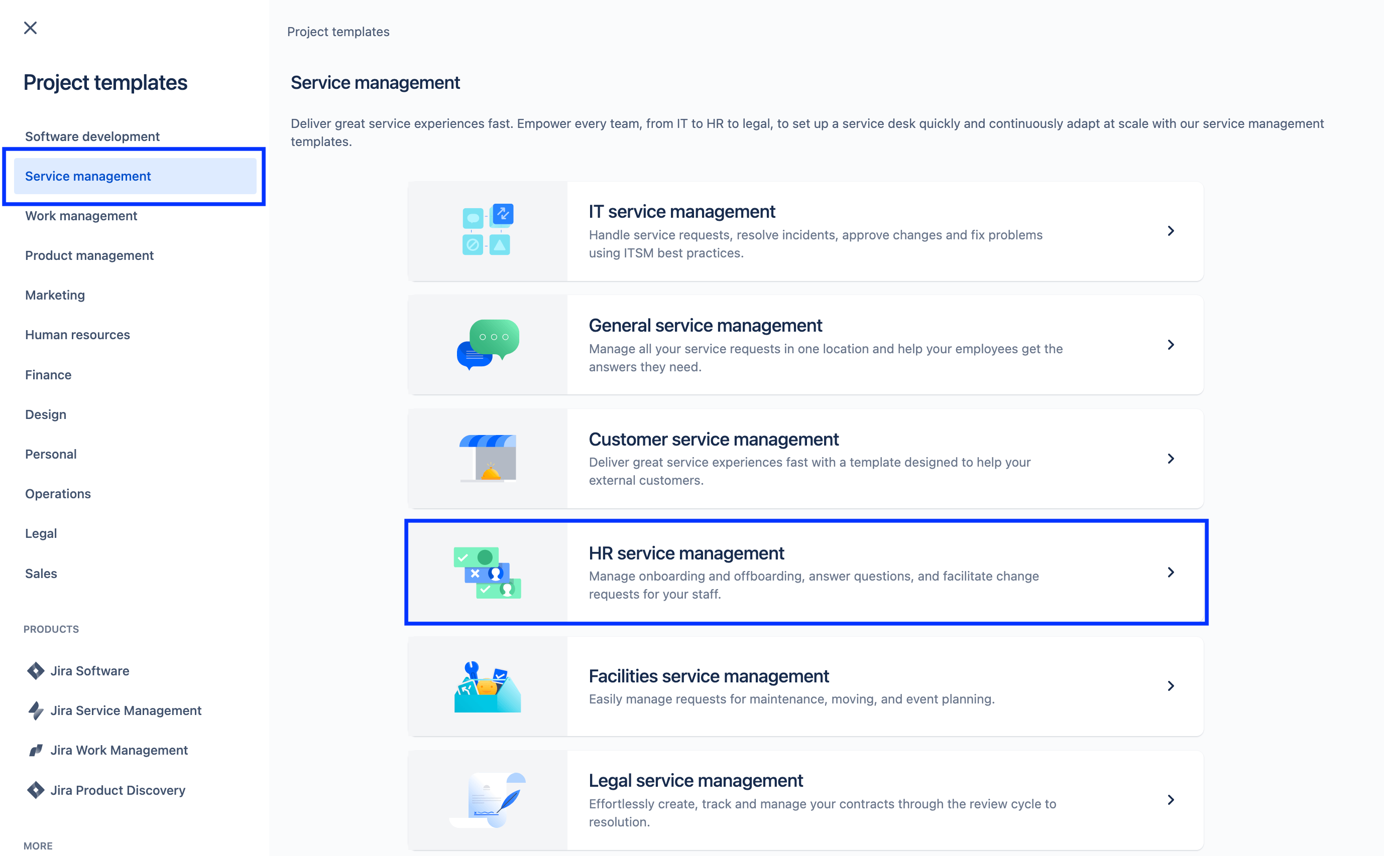 schermafbeelding van de sjabloon voor het HR-servicemanagementproject