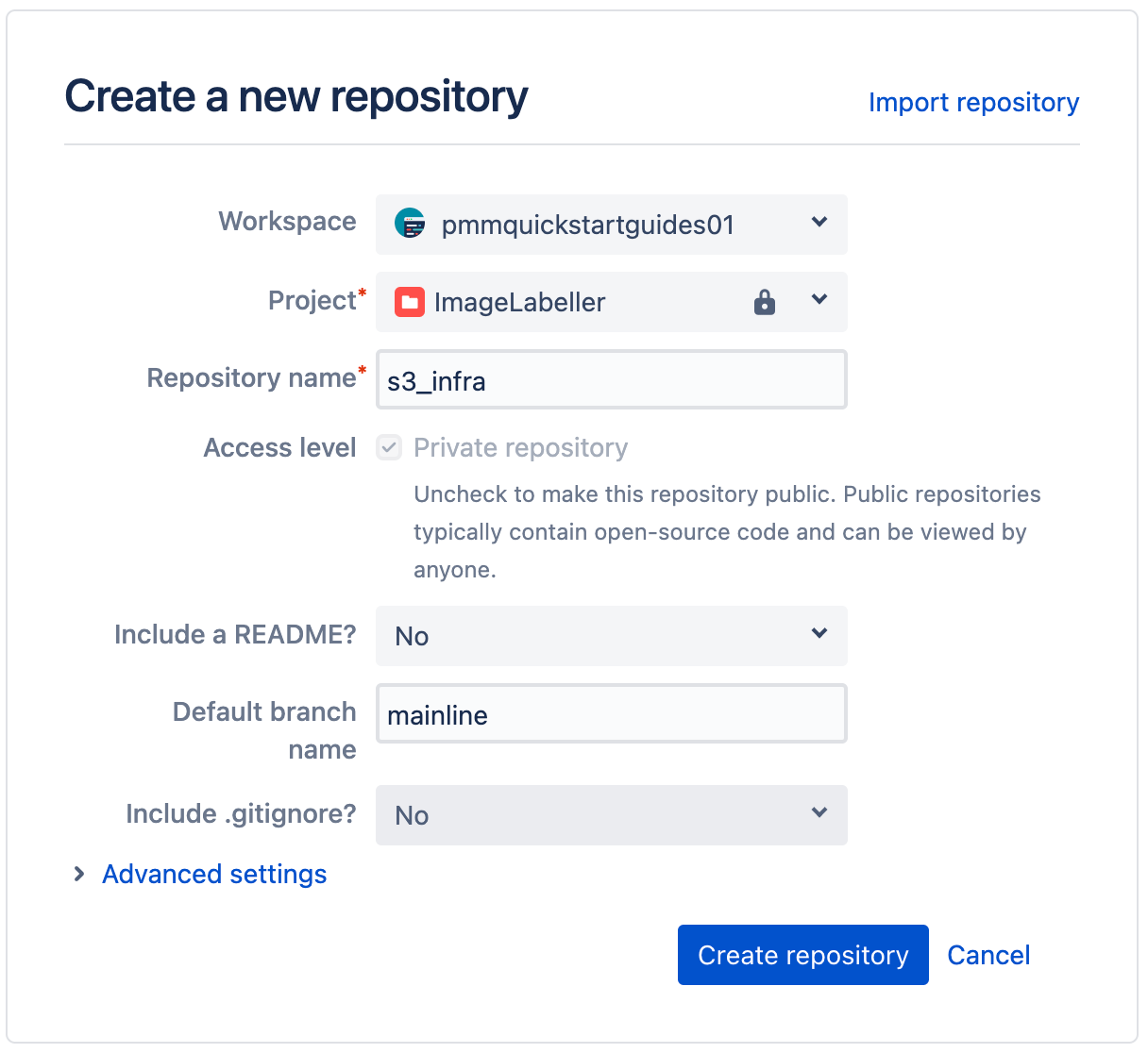 在 Bitbucket 中创建新存储库的弹出窗口