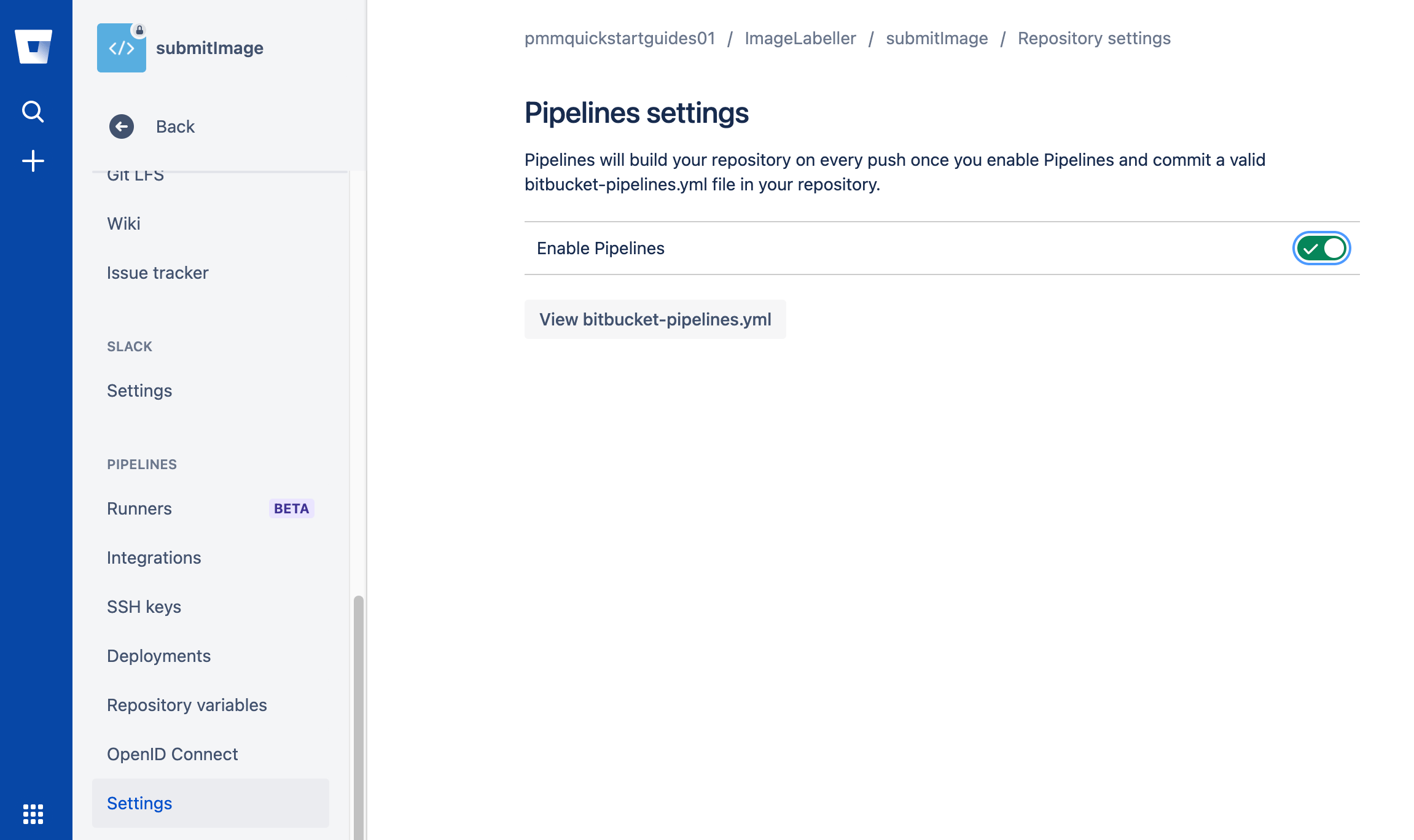 Bitbucket のパイプライン設定でパイプラインを有効にする