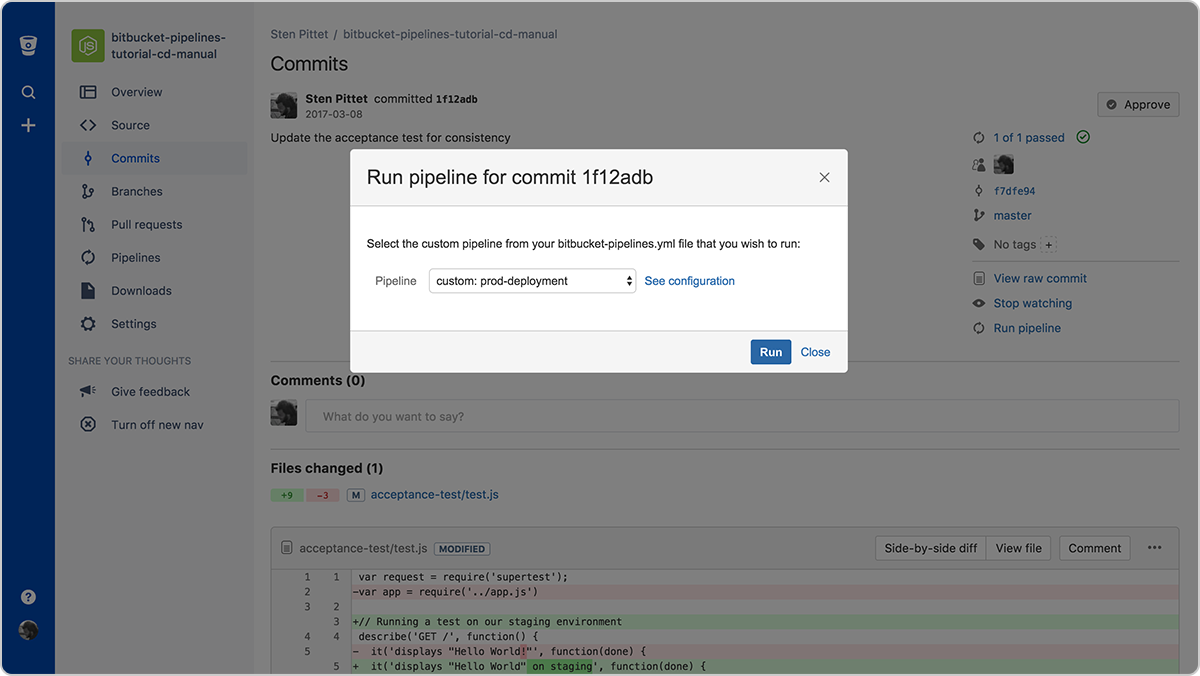 从 Bitbucket 选择和运行管道