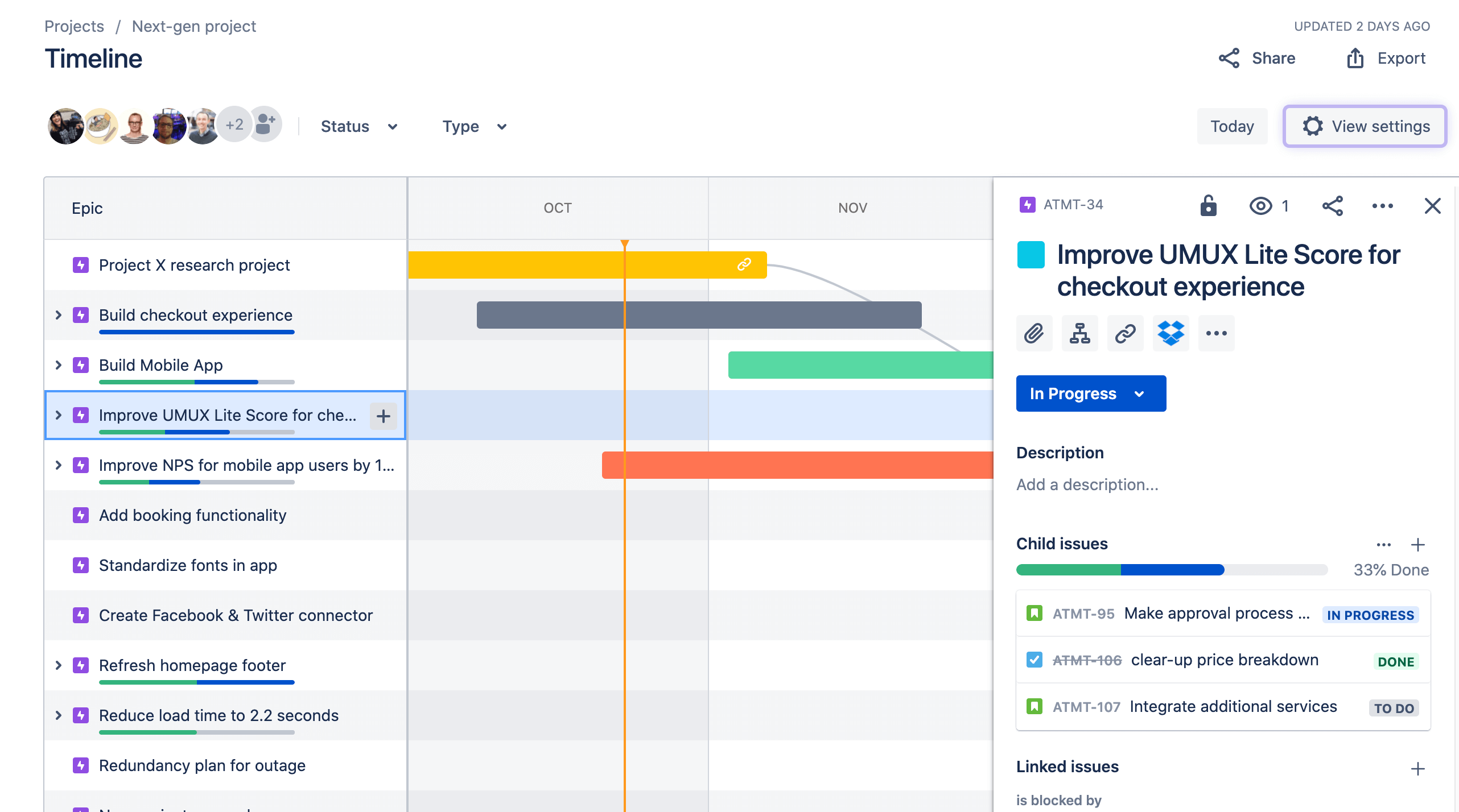 Visualizzazione dei dettagli del ticket di un epic nella visualizzazione Timeline in Jira Software
