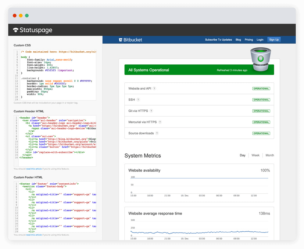 Screenshot: angepasstes CSS in Statuspage