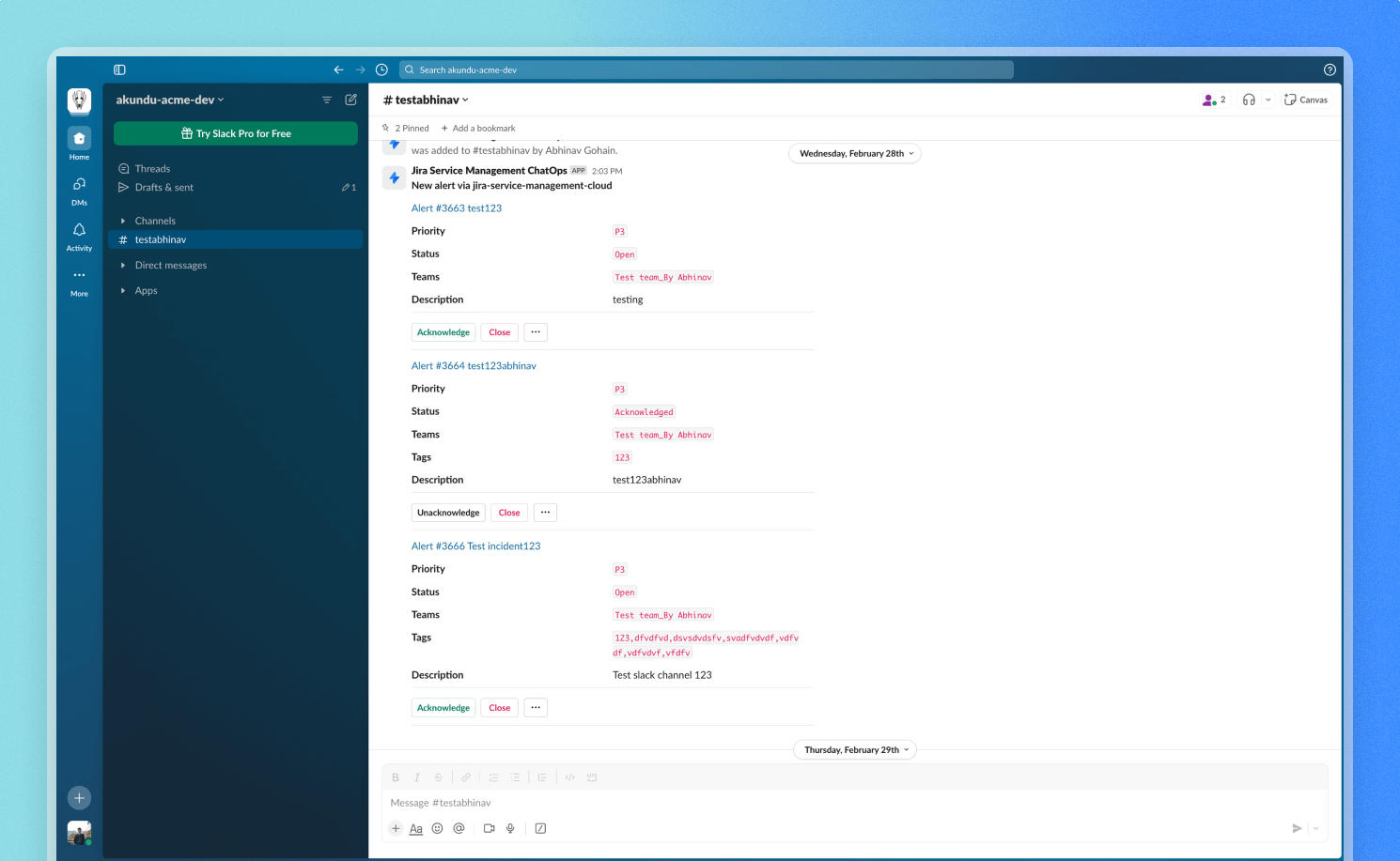 Gerenciamento de alertas de incidentes no Slack