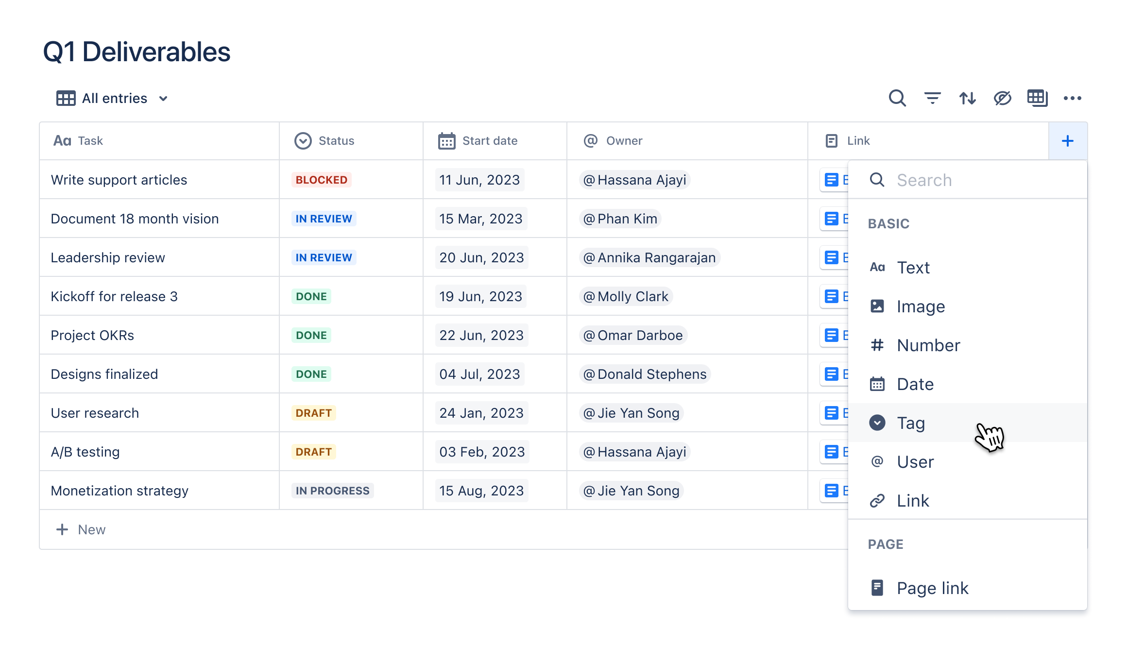 Tabella dei database di Confluence