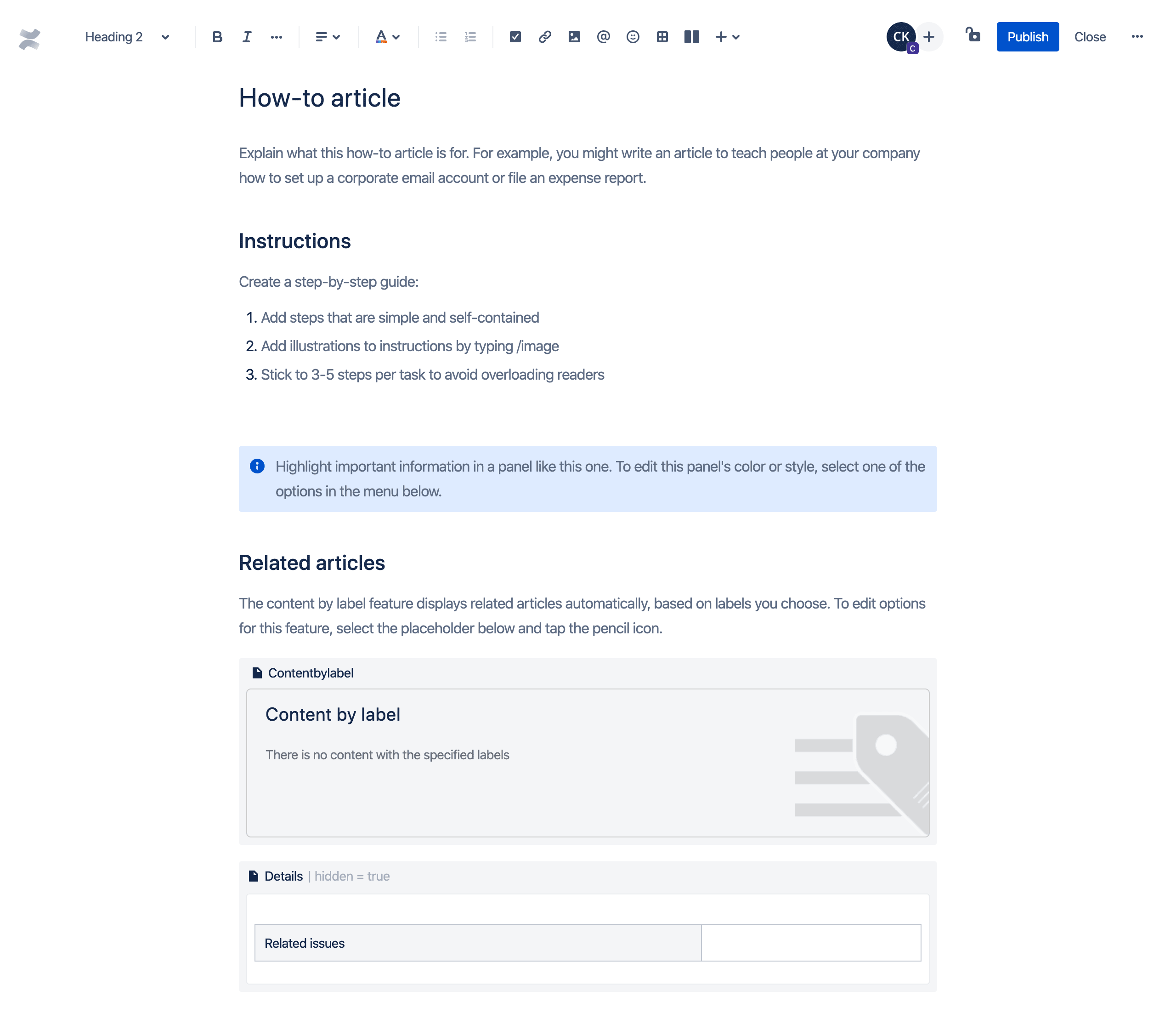 Modèle d'article d'aide dans Confluence