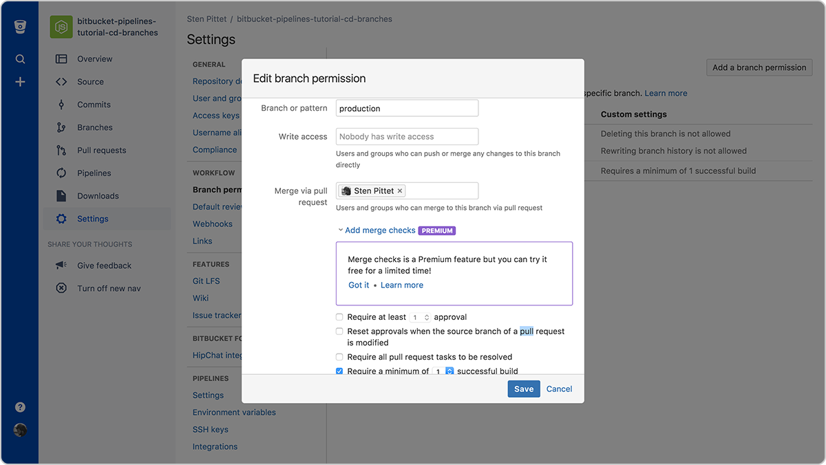 프로덕션 브랜치의 권한 구성 | Atlassian CI/CD