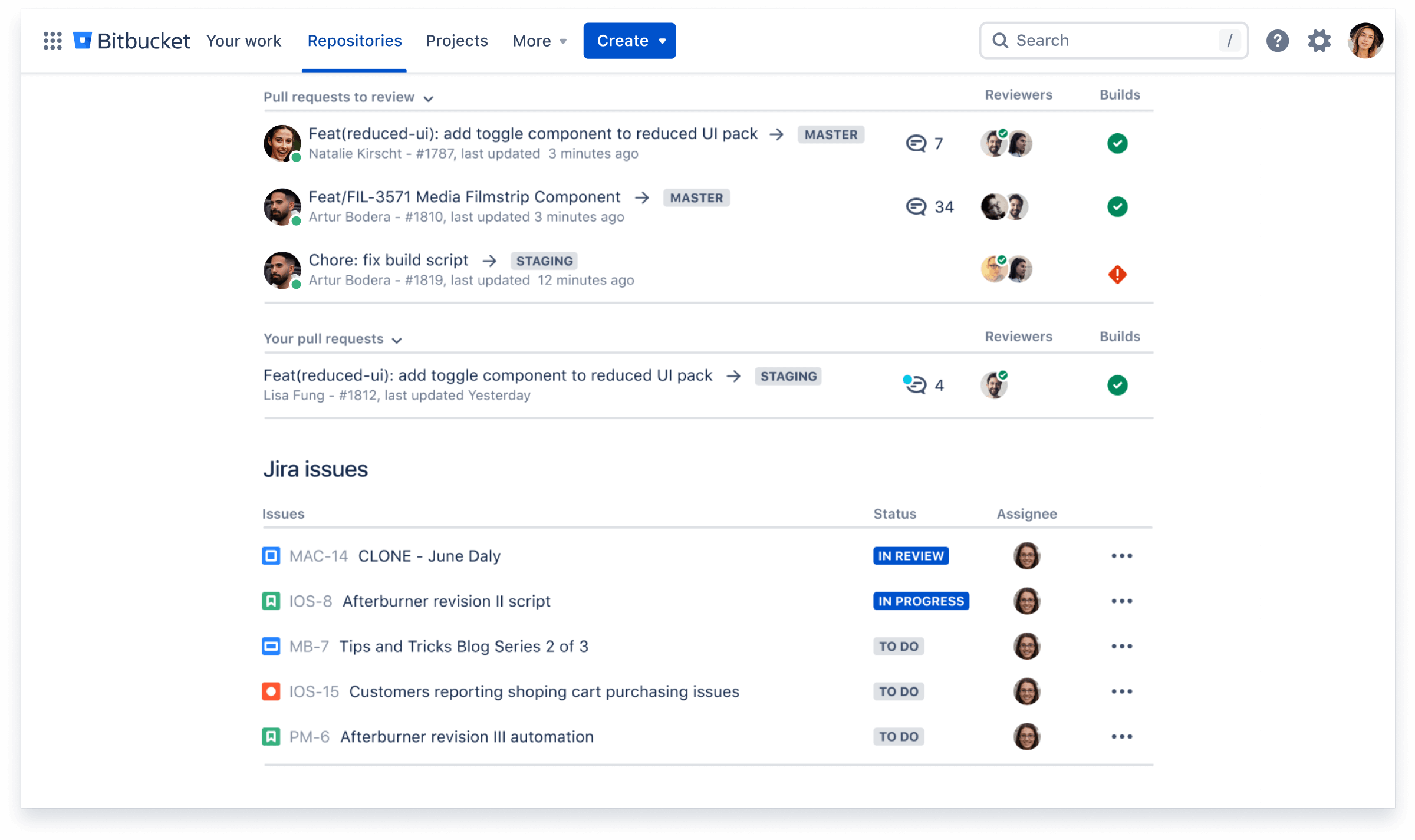 Screenshot dei repository Bitbucket.