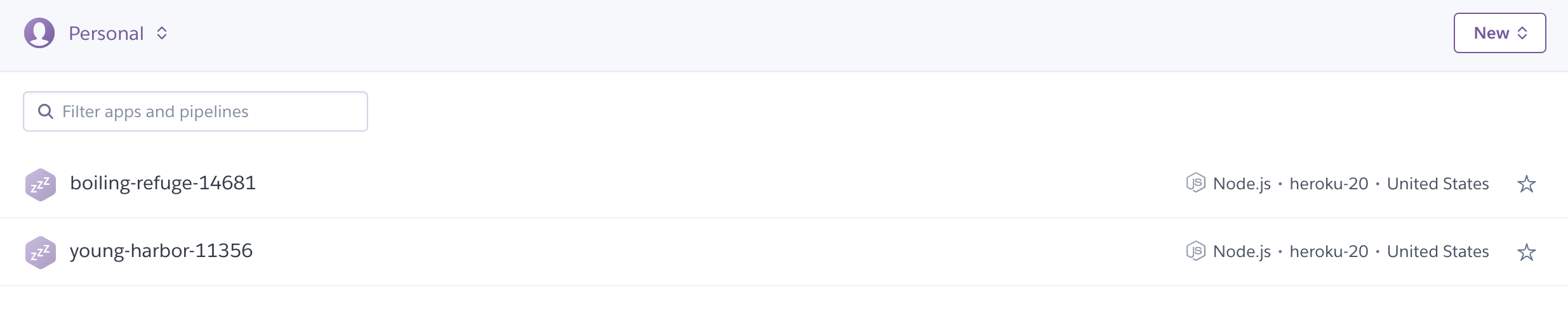 Heroku 브라우저에 나열된 앱
