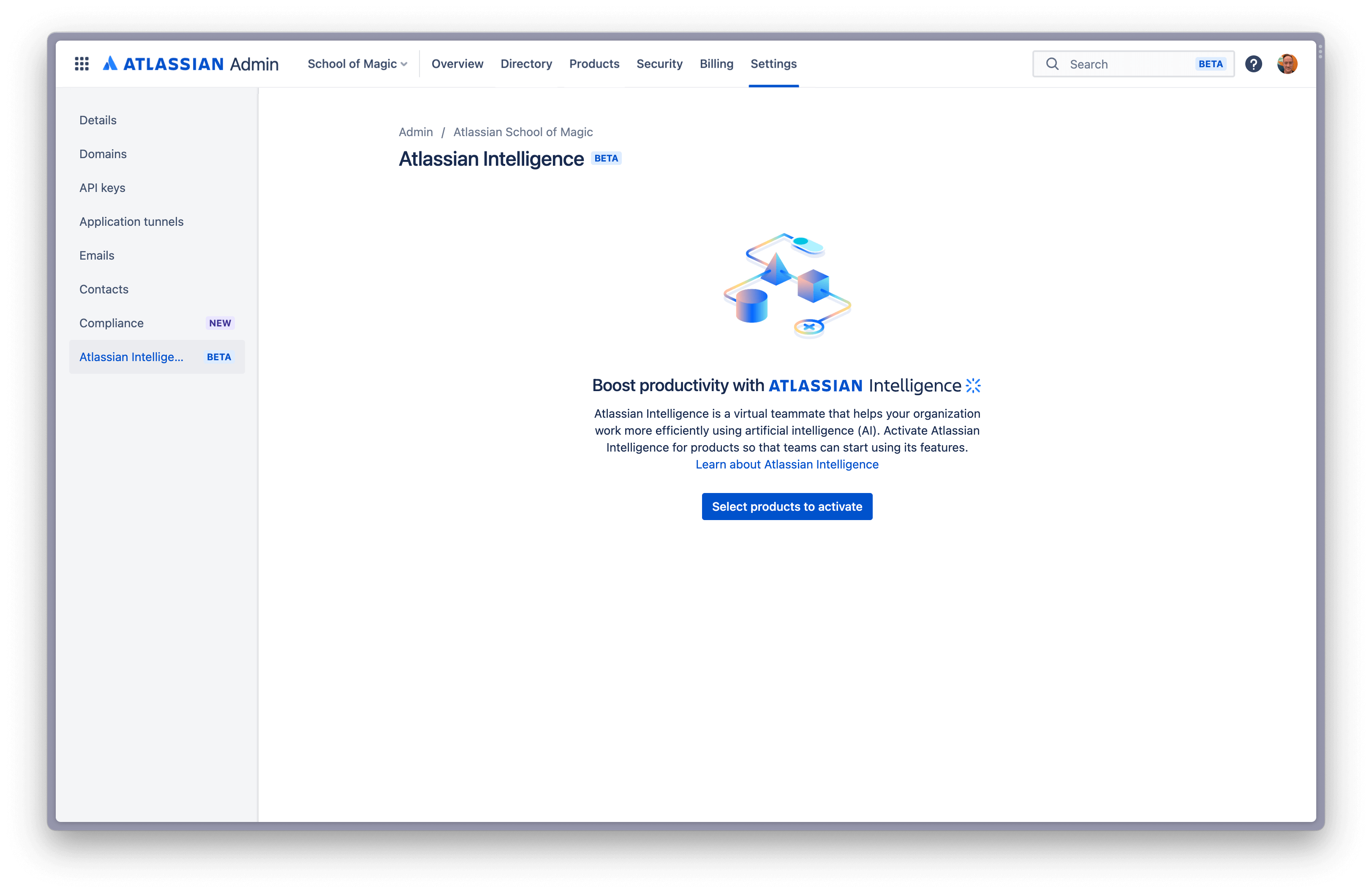 Selección de "Atlassian Intelligence" en el panel de navegación izquierdo de Admin Hub
