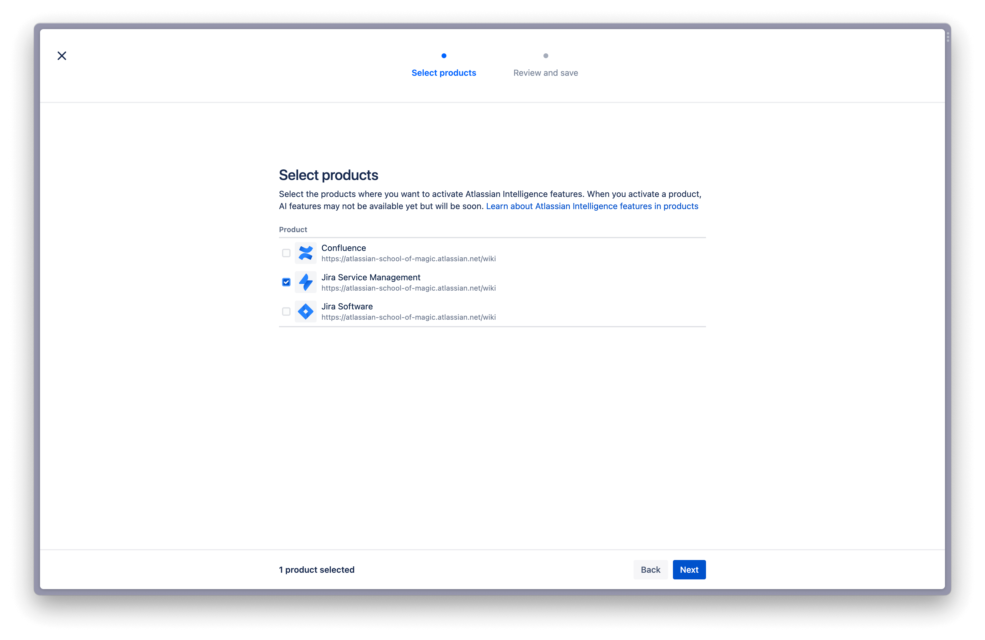 Pantalla de selección de productos para activar Atlassian Intelligence